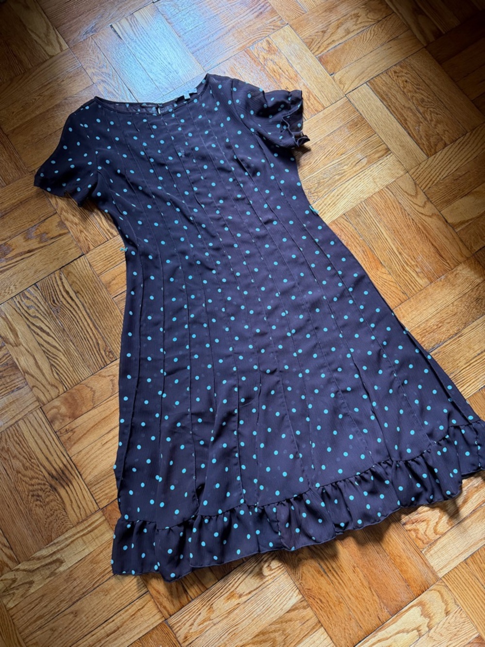 Vintage Sheer Polka Dot Ruffle Hem Women's Dress - Brown with Blue Dots